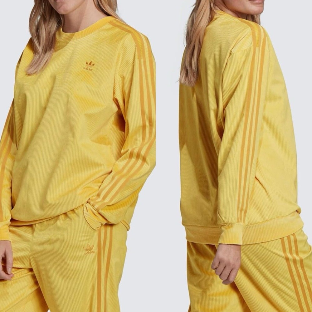 Adidas Originals Women's Crew Sweater Sweatshirt Yellow Corduroy Velvet Sz M